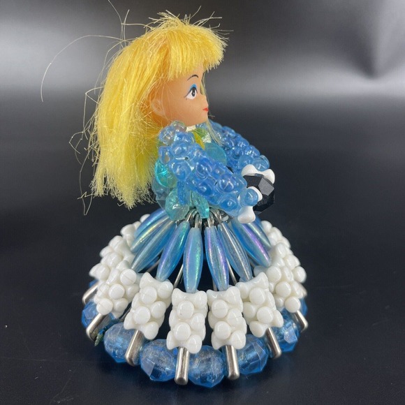 Vintage Tramp Art Doll Head Beaded Safety Pin Girls Blue Red Dress Display - Picture 16 of 16